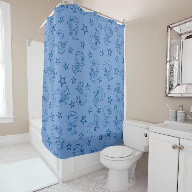 Peanuts | Snoopy Blue Space Astronaut Pattern Shower Curtain (In Situ)