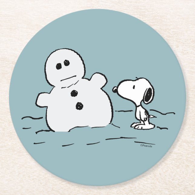 Peanuts | Snoopy Builds A Snowman Round Paper Coaster (Front)