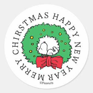 Peanuts Snoopy Christmas Wreath Classic Round St Sticker