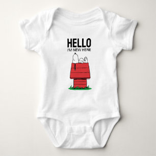 Peanuts Snoopy Dog House   Hello  'm New Here Baby Bodysuit