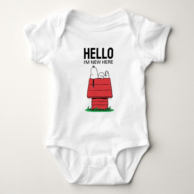 Peanuts Snoopy Dog House | Hello |'m New Here Baby Bodysuit (Front)
