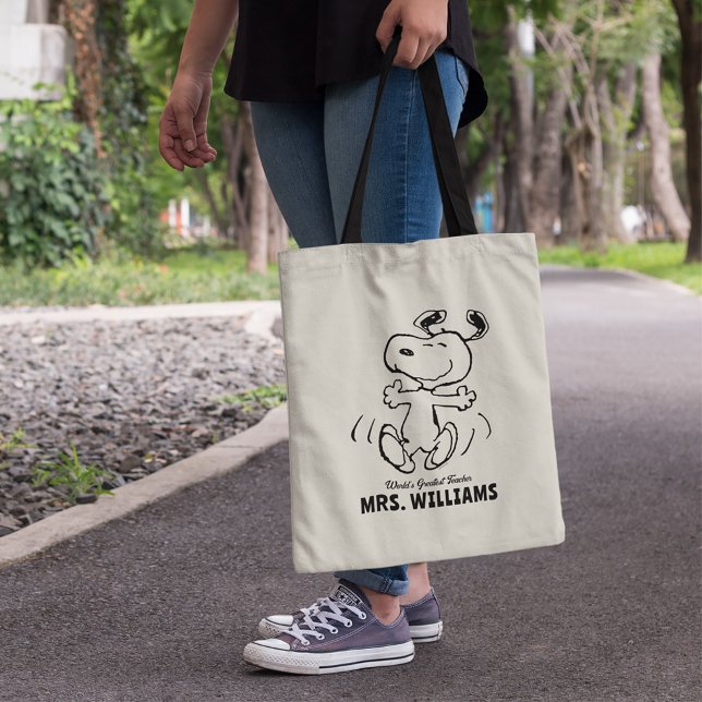 Peanuts | Snoopy Greatest Teacher Personalised Tote Bag (Person carrying tote bag)