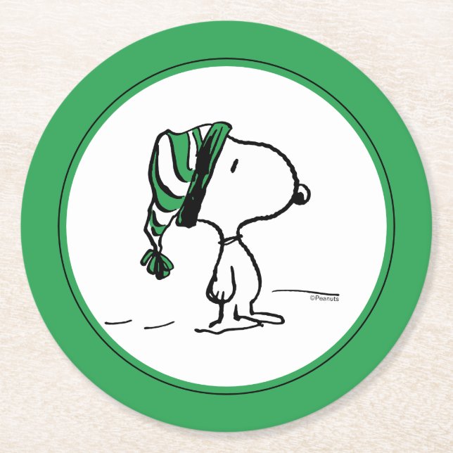 Peanuts | Snoopy Green Snow Cap Round Paper Coaster (Front)