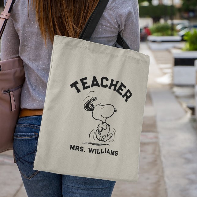 Peanuts | Snoopy Happy Dance Teacher Tote Bag (Person carrying tote bag)