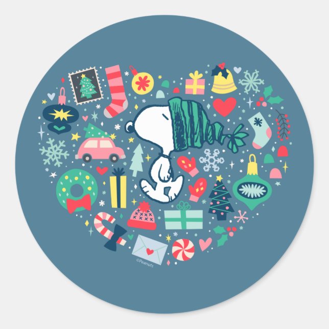Peanuts | Snoopy Holiday Happiness Heart Classic Round Sticker (Front)