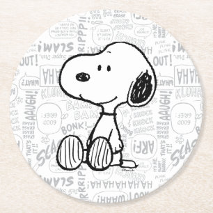 PEANUTS   Snoopy on Black White Comics Round Paper Coaster