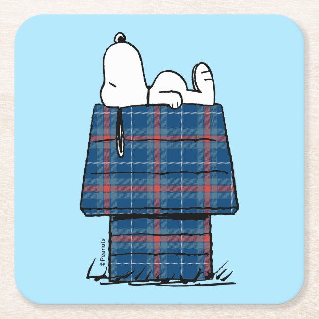 Peanuts | Snoopy Plaid Flannel Holiday Dog House Square Paper Coaster (Front)