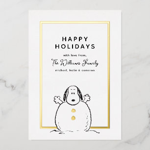 Peanuts   Snoopy Playing Snowman Family Photo Foil Holiday Card
