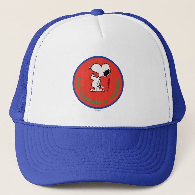 Peanuts | Snoopy Raw Strength & Courage Badge Trucker Hat (Front)