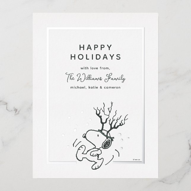 Peanuts | Snoopy Reindeer Family Photo Foil Holiday Postcard (Front)
