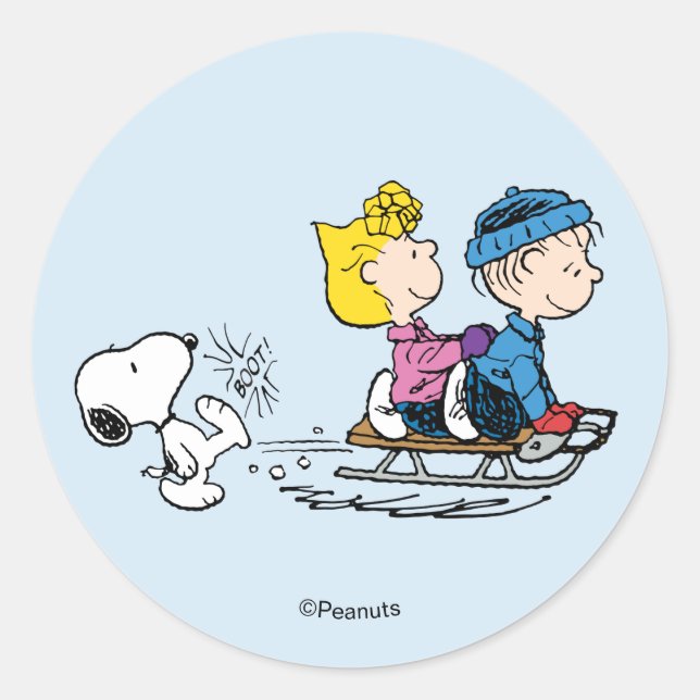 Peanuts | Snoopy, Sally & Linus Sled Riding Classic Round Sticker (Front)