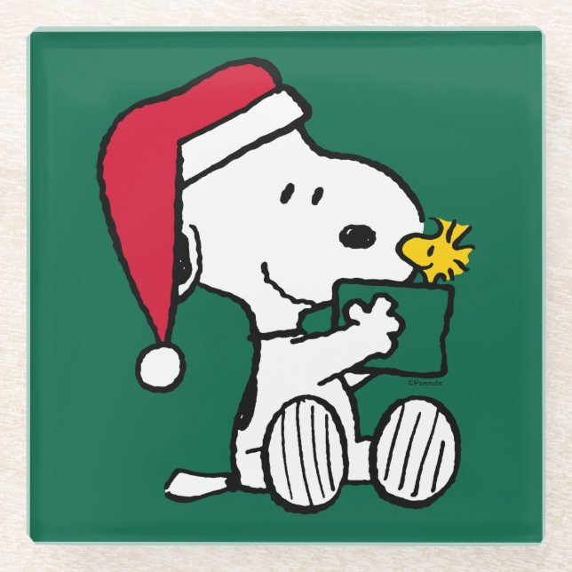 Peanuts | Snoopy Santa & Woodstock Gift Glass Coaster (Front)