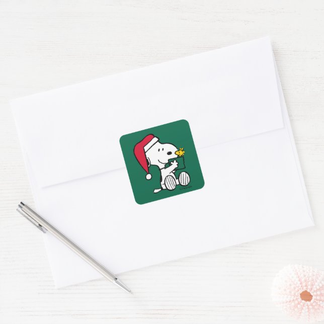 Peanuts | Snoopy Santa & Woodstock Gift Square Sticker (Envelope)