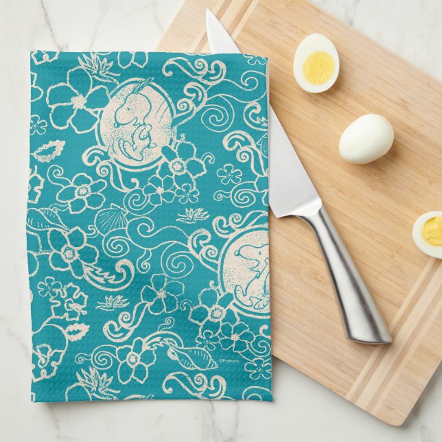 Peanuts | Snoopy Teal Tropical Beach Pattern Tea Towel (Quarter Fold)