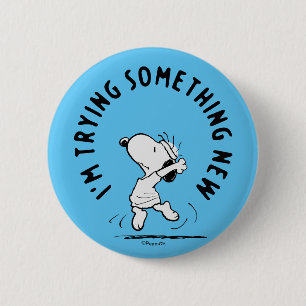 Peanuts   Snoopy Trying Something New 6 Cm Round Badge