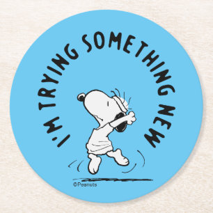 Peanuts   Snoopy Trying Something New Round Paper Coaster