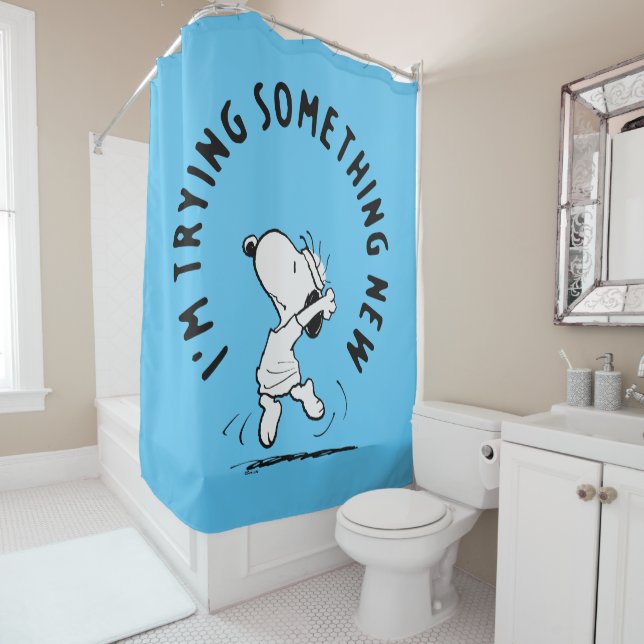 Peanuts | Snoopy Trying Something New Shower Curtain (In Situ)