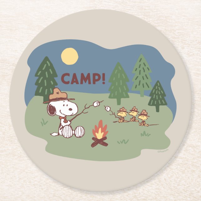 Peanuts | Snoopy & Woodstock at the Campfire Round Paper Coaster (Front)