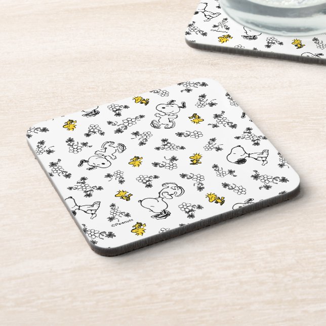 Peanuts | Snoopy & Woodstock B&W Flower Pattern Coaster (Left Side)