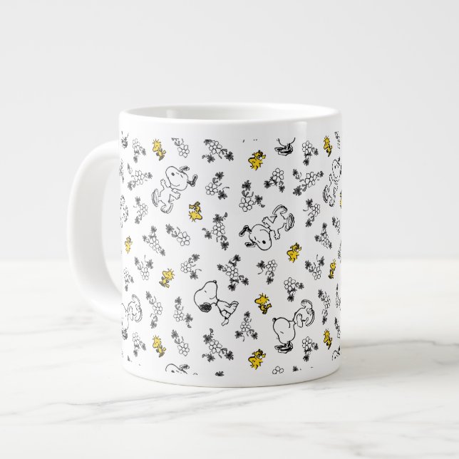 Peanuts | Snoopy & Woodstock B&W Flower Pattern Large Coffee Mug (Front Left)