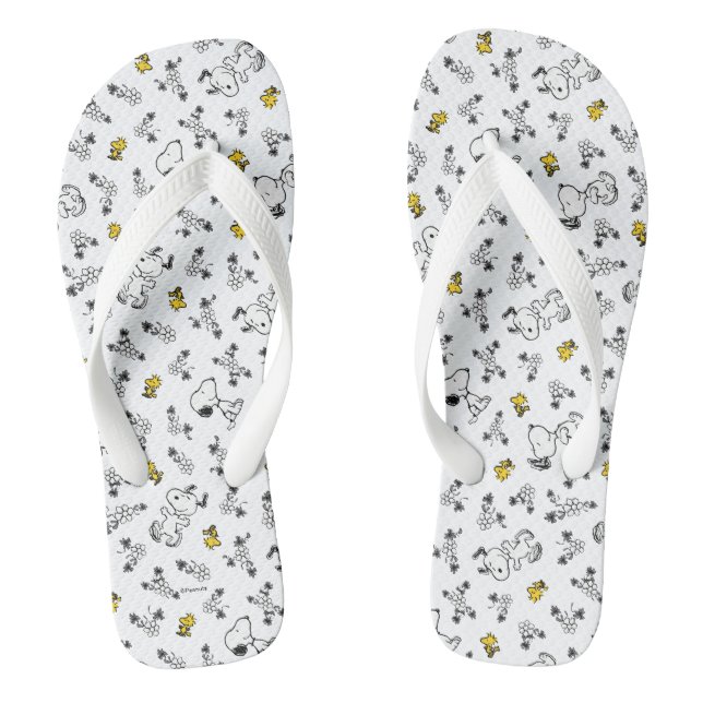 Peanuts | Snoopy & Woodstock B&W Flower Pattern Thongs (Footbed)