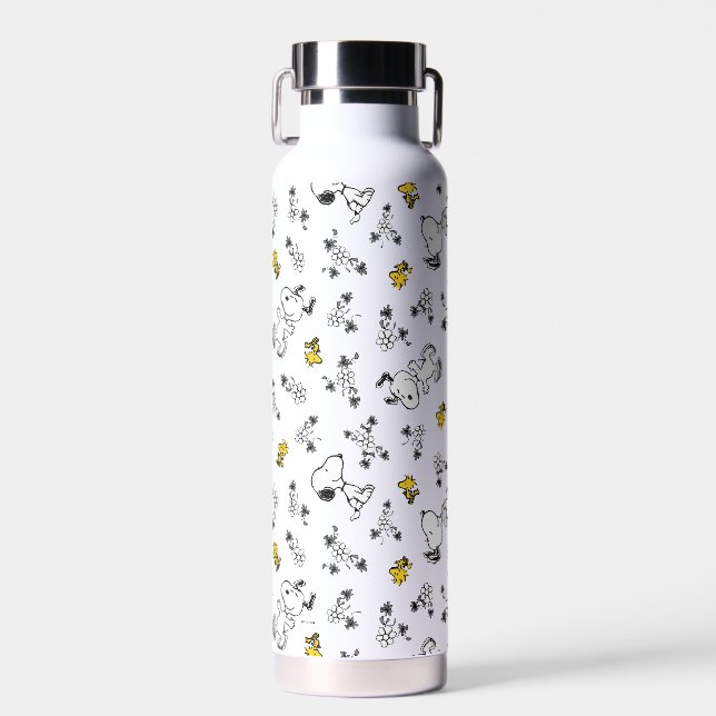 Peanuts | Snoopy & Woodstock B&W Flower Pattern Water Bottle (Front)
