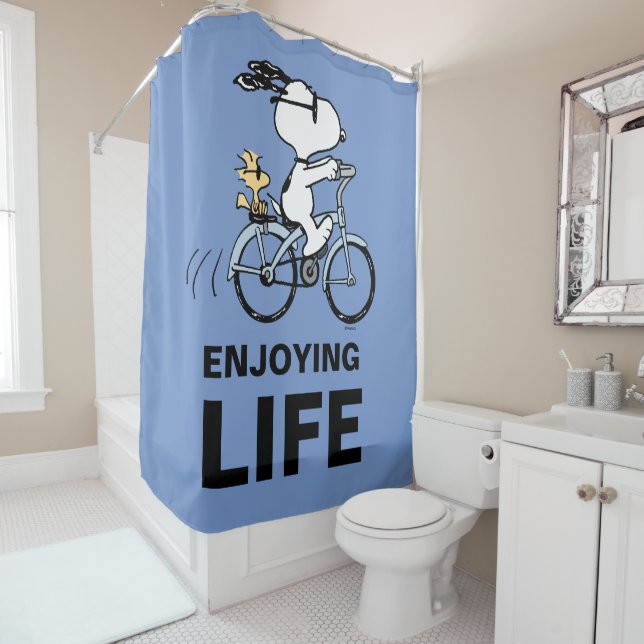 Peanuts | Snoopy & Woodstock Bicycle Shower Curtain (In Situ)