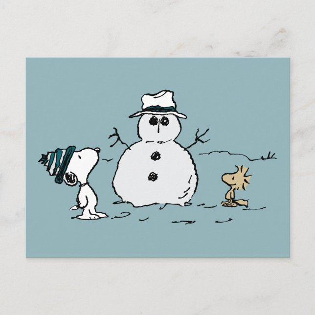 Peanuts | Snoopy & Woodstock Build A Snowman Postcard (Front)
