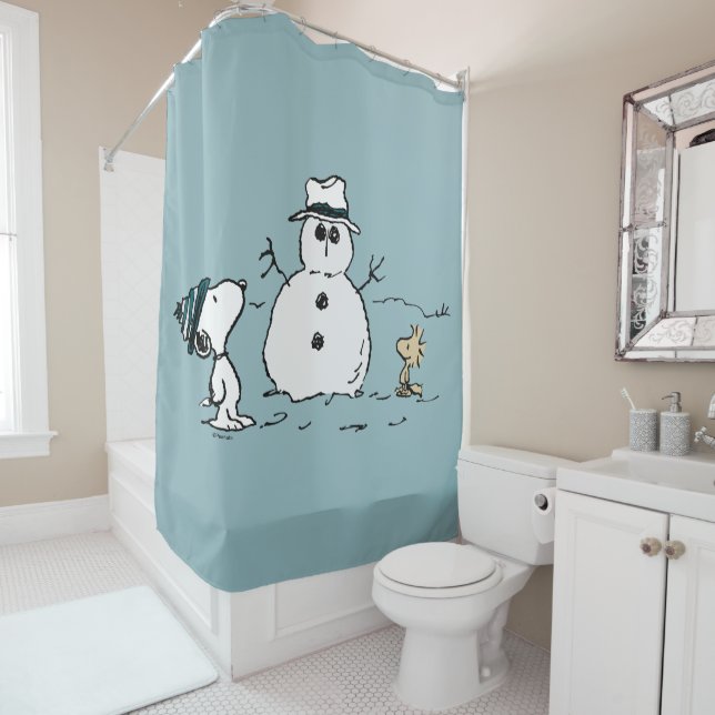 Peanuts | Snoopy & Woodstock Build A Snowman Shower Curtain (In Situ)