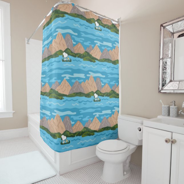 Peanuts | Snoopy & Woodstock Canoe Ride Pattern Shower Curtain (In Situ)