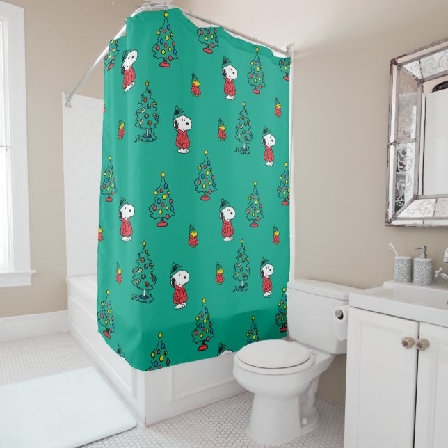 Peanuts | Snoopy & Woodstock Christmas Pattern Shower Curtain (In Situ)