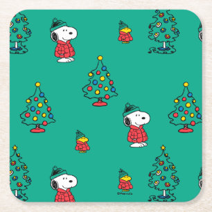Peanuts   Snoopy & Woodstock Christmas Pattern Square Paper Coaster