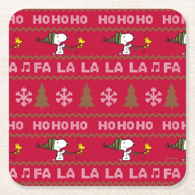 Peanuts | Snoopy & Woodstock Christmas Sweater Square Paper Coaster (Front)