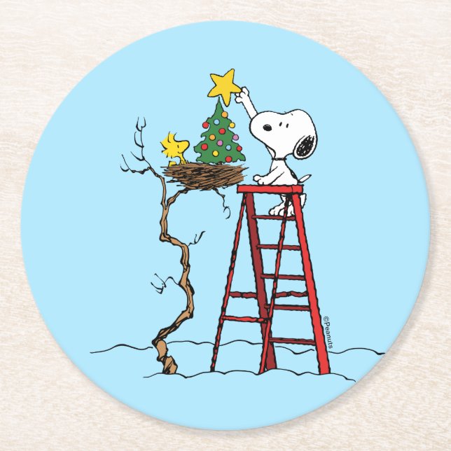 Peanuts | Snoopy & Woodstock Christmas Tree Round Paper Coaster (Front)