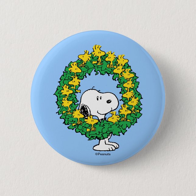 Peanuts | Snoopy & Woodstock Christmas Wreath 6 Cm Round Badge (Front)