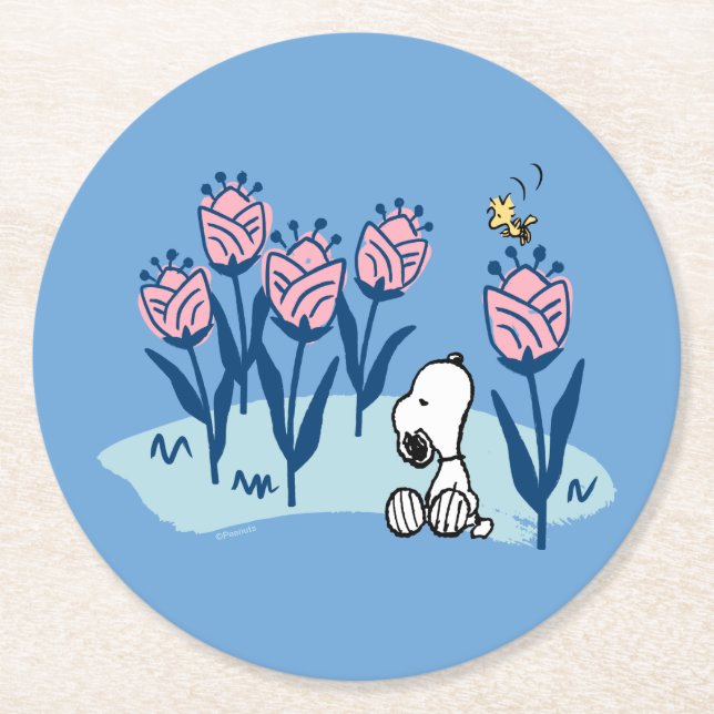 Peanuts | Snoopy & Woodstock Flower Garden Round Paper Coaster (Front)