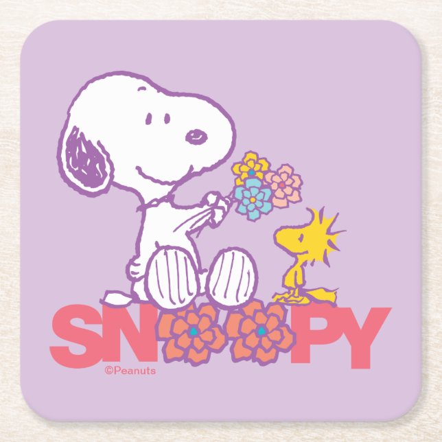 Peanuts | Snoopy & Woodstock Flowers Square Paper Coaster (Front)