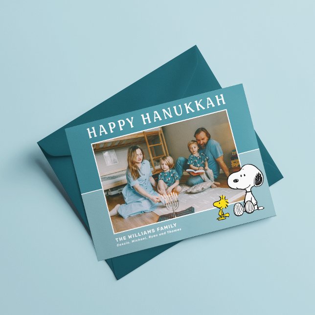 Peanuts | Snoopy & Woodstock Happy Hanukkah Holiday Card (Card on table)