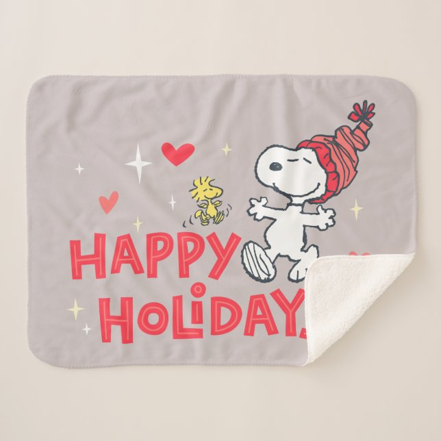 Peanuts | Snoopy & Woodstock Happy Holidays Sherpa Blanket (Front (Horizontal))