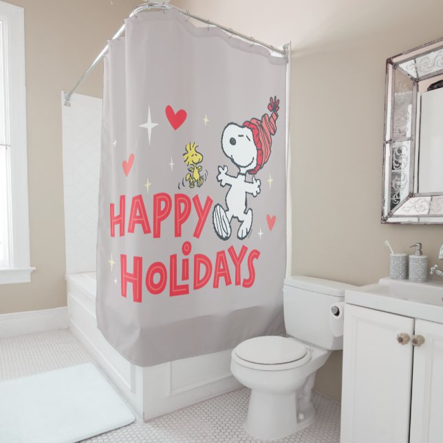 Peanuts | Snoopy & Woodstock Happy Holidays Shower Curtain (In Situ)
