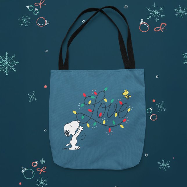 Peanuts | Snoopy & Woodstock Holiday Decorating Tote Bag (Tote bag on holiday background)