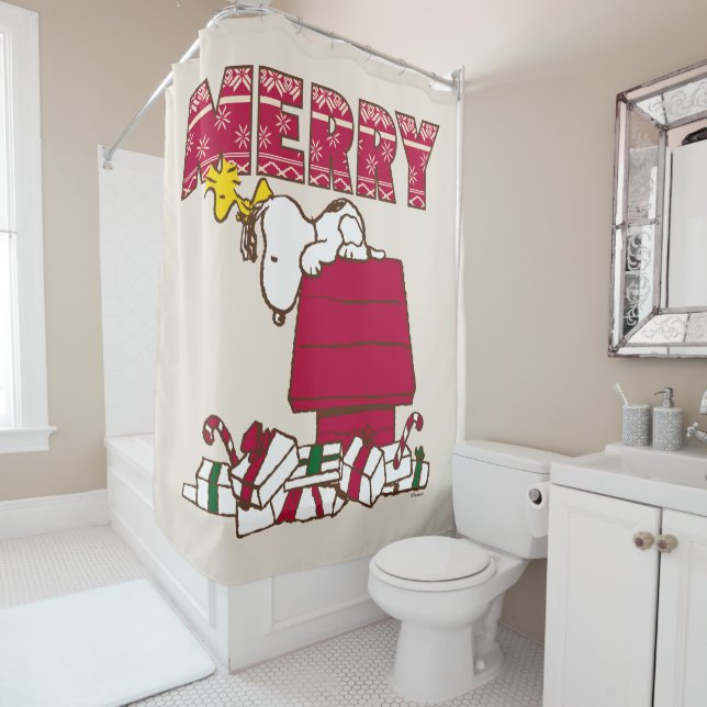 Peanuts | Snoopy & Woodstock Merry Ugly Sweater Shower Curtain (In Situ)