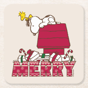 Peanuts   Snoopy & Woodstock Merry Ugly Sweater Square Paper Coaster