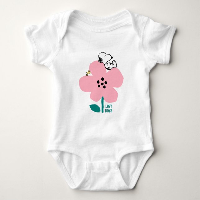 Peanuts | Snoopy & Woodstock Nap on Pink Flower Baby Bodysuit (Front)