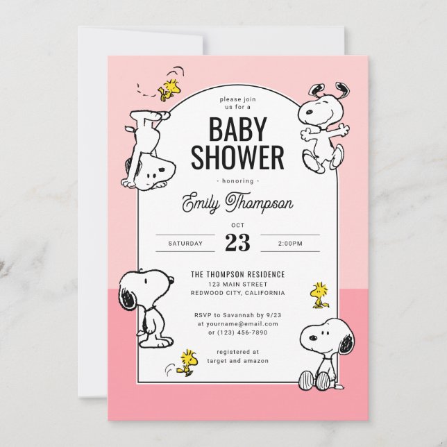 Peanuts | Snoopy & Woodstock Pink Baby Shower Invitation (Front)