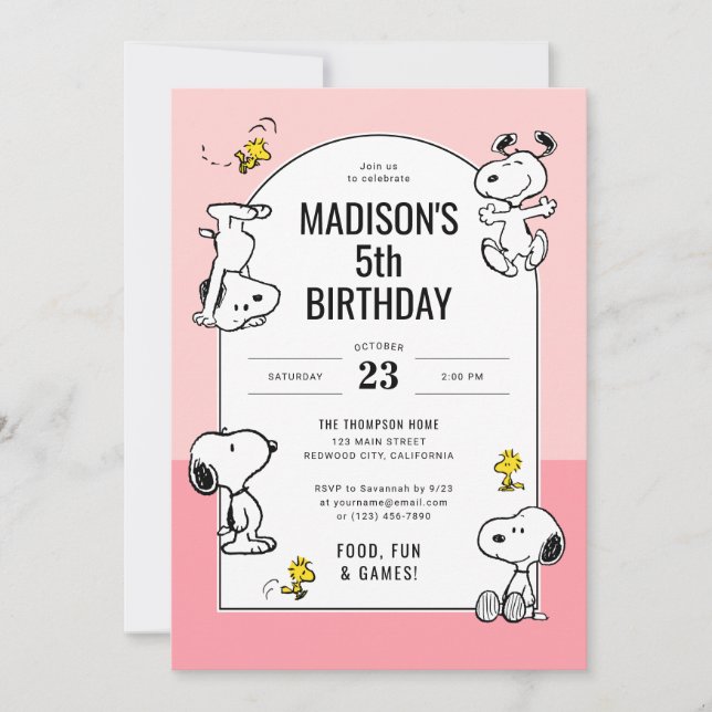 Peanuts Snoopy & Woodstock Pink Birthday Invitation (Front)