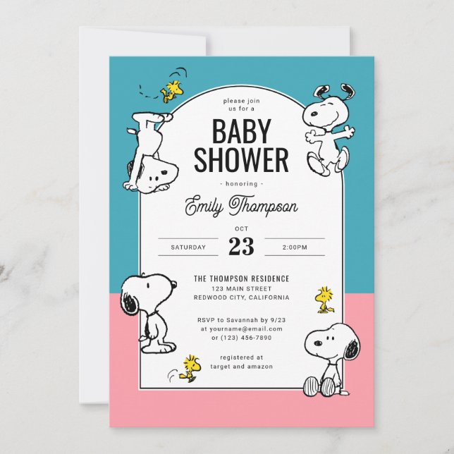 Peanuts Snoopy & Woodstock Pink & Blue Baby Shower Invitation (Front)