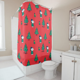 Peanuts   Snoopy & Woodstock Red Christmas Pattern Shower Curtain