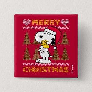 Peanuts   Snoopy & Woodstock Santa Claus Hug 15 Cm Square Badge