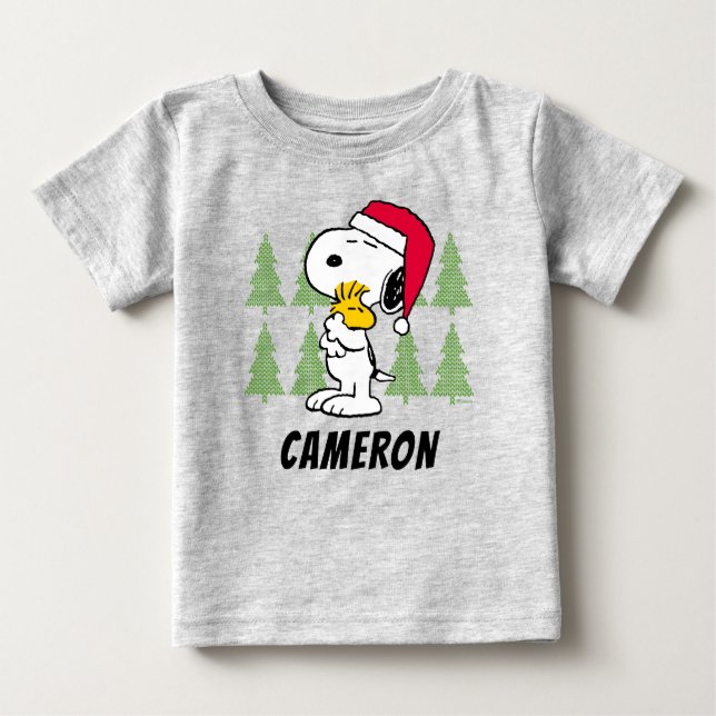 Peanuts | Snoopy & Woodstock Santa Claus Hug Baby T-Shirt (Front)